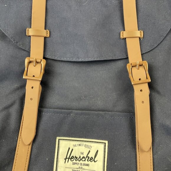 Herschel Retreat Backpack Top Load Navy Brown Canvas Padded Fleece Laptop Sleeve - Picture 7 of 10
